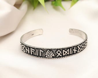 Viking Rune Cuff Bracelet | Norse Symbol Brass Wrist Jewelry | Pagan Nordic Open Bangle | Adjustable Warrior Accessory