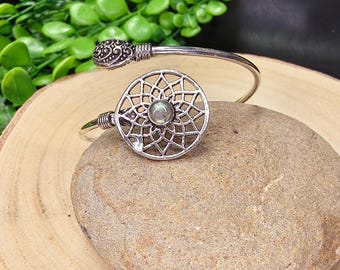 Rosette Adjustable Silvered Bracelet with Labradorite || Adjustable Ethnic Mandala Bracelet with Semi Precious Stone || Boho Women's Bangle