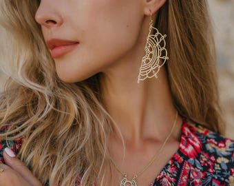 Long Half Mandala Openworked Ethnic Dangle Earrings || Rosette Oriental Brass Earrings ||  Floral Half Circle Boho Earrings