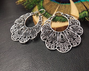 Oriental Silver Filigree Earrings || Ethnic Hoop Earrings || Woman Gipsy Hoop Earrings || Bohemian Hoop Earrings