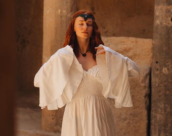 Fitted Maxi Dress With Long Umbrella Sleeves || Long Off White Bohemian Dress With Ruffles ||  Plain Viscose Medieval Wedding Boho Dress