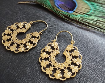 Floral Openwork Hoop Earrings || Decorated Ethnic Hoops || Oriental Earrings