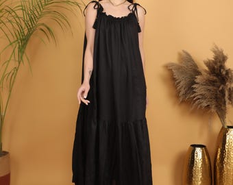 Black Viscose Maxi Dress | Flowy Boho Summer Festival Sundress