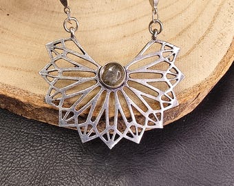 Finely Openwork Half Circle Ethnic Necklace With Semi Precious Stone || Bohemian Necklace || Tribal Necklace || Silvered Pendant Necklace