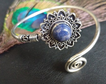 Silver Color Crafted Bracelet with Semi Precious Stone || Adjustable Medieval Bracelet with Fine Stone || Bohemian Chic Half Open Bangle