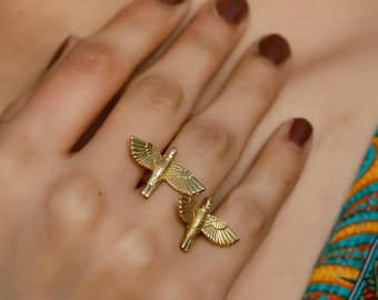 Atypical  2 Swallow Bird Ring || Minimalist Adjustable Golden Brass Ring || Original Shape Ring Inspired By Nature
