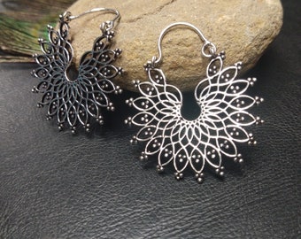 Silver Color Oriental Earrings || Silver Color Ethnic Hoops || Bohemian Gipsy Hoop Earrings || Hand Made Hoops Earring