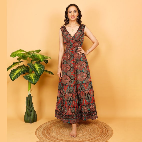 paisley printed boho ruffle maxi dress reviews Butterfly Bell Sleeve Maxi Dress  Silk Boho Fairy Dress | 70s Inspired | Orange or Pink Paisley