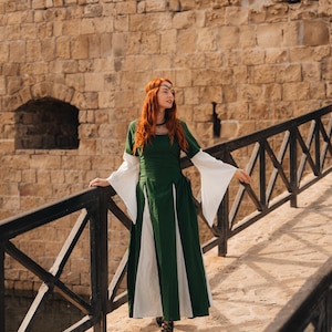 Long Double Color  Medieval Gown || Cotton Flared Pointed Sleeves Dress ||  Cosplay Off White And Dark Green Laced Dress