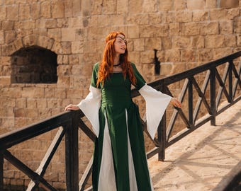 Long Double Color  Medieval Gown || Cotton Flared Pointed Sleeves Dress ||  Cosplay Off White And Dark Green Laced Dress