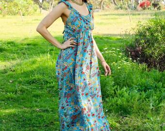 Long Blue Bohemian Dress with Ruffled Straps Crossed in the Back || Floral Print Summer Polyester  Maxi Dress