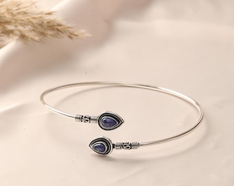 Teardrop Gemstone Arm Cuff With Textured Edge | Adjustable Upper Arm Bracelet | Tribal Silver Tone Brass Armband | Boho Festival Jewelry