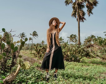 Free Size Natural Material Dress || Bohemian Vegetable Dye Dress || Hemp Backless Dress || Sustainable Fashion Black Dress