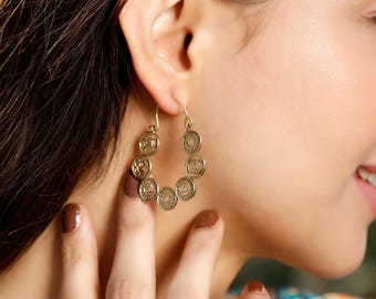 Small 7 Chakras  Patterns Hoop Earrings || Brass Yogini Hoop Earrings Adorn With Chakra Symbol || Brass Bohemian Spiritual Jewelry