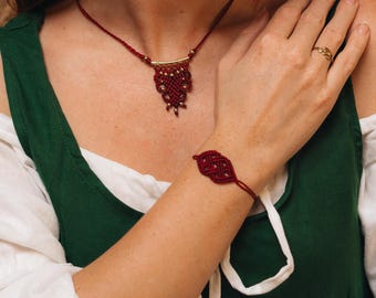 Tiny Macramé Ethnic Adjustable Pendant Necklace || Hand Braided Waxed Cotton Tribal Necklace || Boho Woven  Brass Beads Necklace