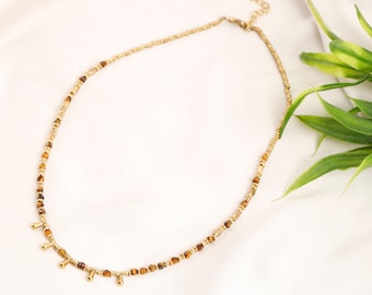 Bohemian Faceted Beads Necklace || Minimalist Necklace Natural Stones And Brass Charms || Golden Gemstones Beaded Necklace
