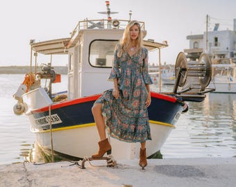 Bohemian Floral Dress || 3/4 Sleeves Fluid Dress with Large Prints  || Free Size Summer Dress || Flared Sleeves Green Dress