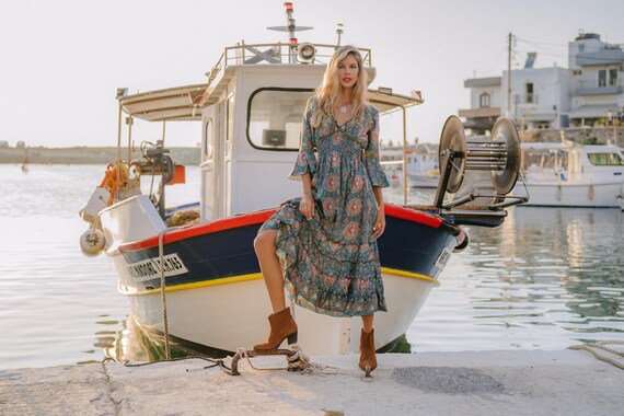 bohemian dress fabric Joyfolie Women's Gia Maxi Dress in Green | Boho Maxi Maxi Dress