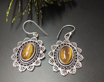 Silver Color Ethnic Tiger Eye Dangling Earrings || Authentic Gemstone Boho Brass Earrings
