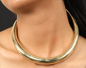Golden Tone Torque Necklace | Bold Brass Collar Necklace | Minimalist Statement Choker | Sculptural Boho Neckpiece