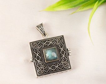 Square Box Pendant with Stone || Amulet Pendant with Semi Precious Stone || Talisman Pendant || Secret Box Medallion || Openable Locket