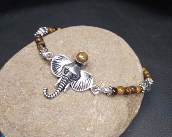 Bracelet Argenté en Perles de Pierres Semi Précieuses Motif Éléphant || Bracelet Pierres Fines || Bracelet Réglable Symbole De Sagesse