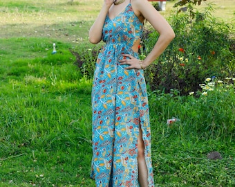 Bohemian Maxi Dress to Tie in the Neck || Floral Print Long Polyester Dress Elasticated In The Back || Flowy Backless Dress With A Side Slit