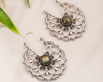 Gypsy Floral Mandala Earrings With Labradorite || Bohemian Ornemental Rosette Hoop Earrings || Ethnic Flower Hoops With Natural stones