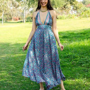 Maxi Dark Green Open Back Dress || Long Bohemian Slit Halter Dress || Summer Free Size Flowy Dress || Backless Floral Print Dress