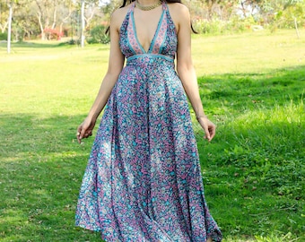 Maxi Dark Green Open Back Dress || Long Bohemian Slit Halter Dress || Summer Free Size Flowy Dress || Backless Floral Print Dress