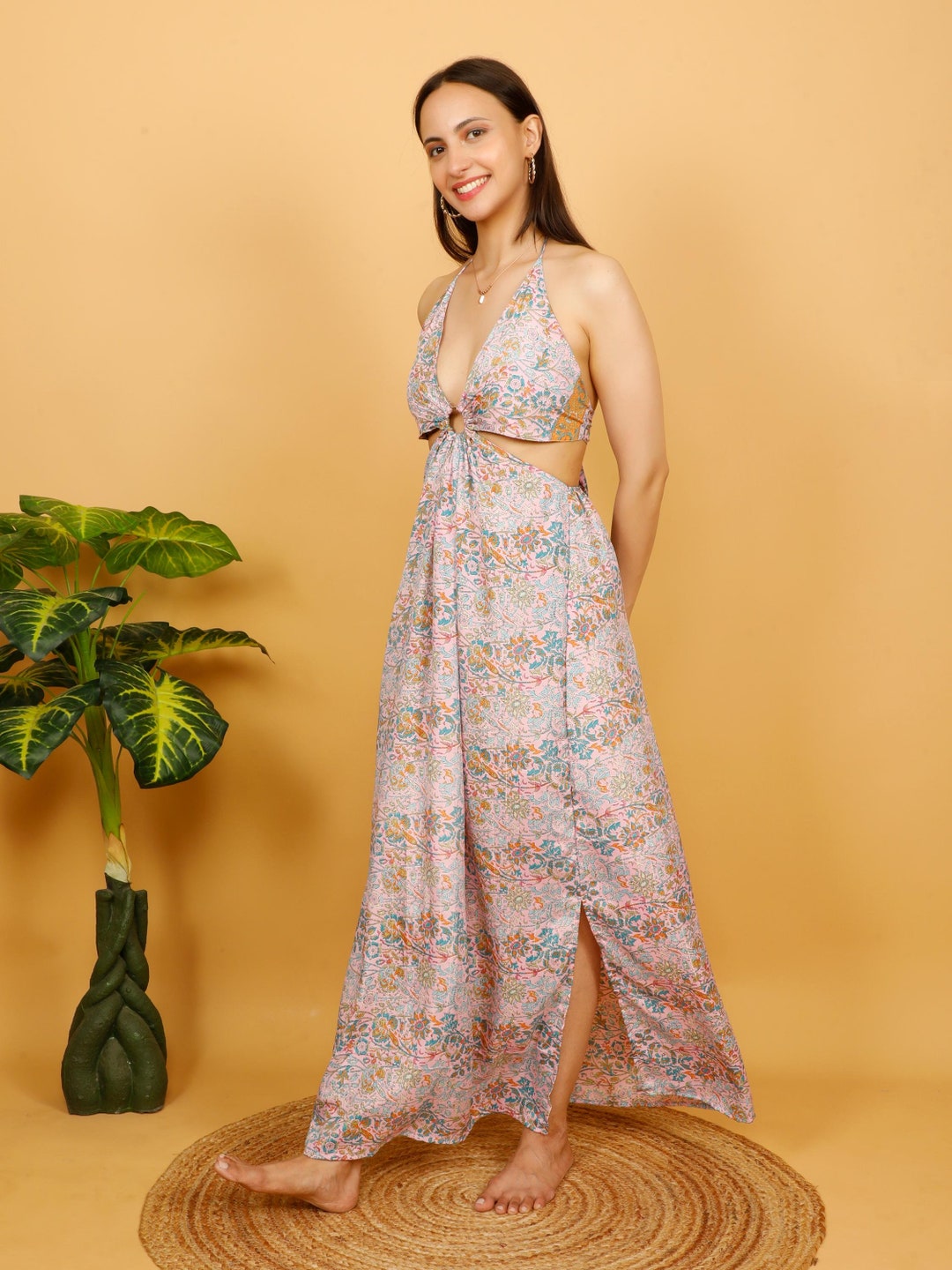 floral side split backless halter dress Cream Floral Satin Halter Neck Side Slit Maxi Dress