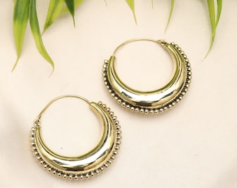 Crescent Hoop Earrings | Brass Statement Hoops | Boho Ethnic Jewelry