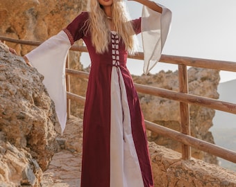Handmade Burgundy & White Medieval Gown: Cotton Lace-Up Dress