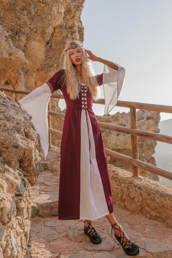 Handmade Burgundy & White Medieval Gown: Cotton Lace-up Dress - Etsy Ireland