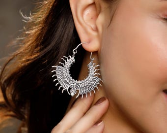 Brass Tribal Sun Inspired Hoop Earrings || Ethnic Woman Serrated Hoop Earrings || Bohemian  Spike Hoops