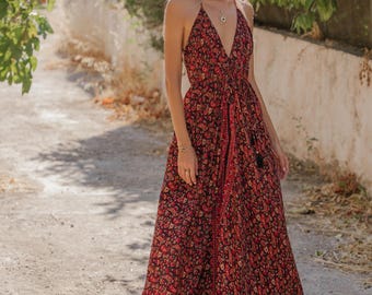 Black Bohemian Long Floral Print Halter Dress || Colorful Polyester Backless Summer Maxi  Dress || V Neckline Lightweight Free size Dress