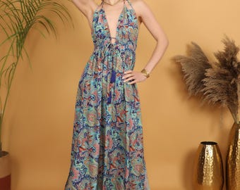 Turquoise Paisley Boho Maxi Dress | Halter Open Back | Flowy Summer Style