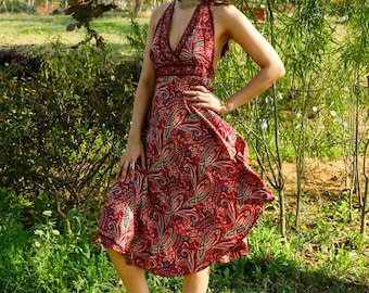 Short Backless Burgundy Summer Boho Dress || Free Size Polyester Fluid Wrap Dress  || Paisley Print Backless Dress