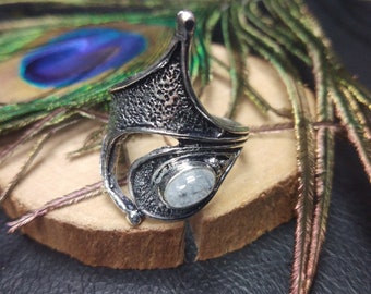 Silver Color Brass Gothic Ring with Stone || Adjustable Ring with Gemstones || Ethnic Ring With Semi Precious Stones