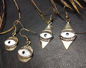 Gold Eye Geometric Dangle Earrings || Ethnic Earrings Symbol of Protection Against the Evil Eye