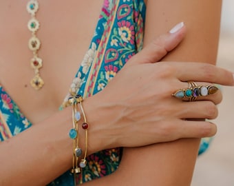 Minimalist 3-Row Golden Cuff Bracelet in Brass Decorated with Several Stones of Different Shapes