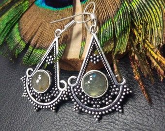 Dangling Medival Earrings With Semi Precious Stones || Floral Silver Earrings With Natural Stones