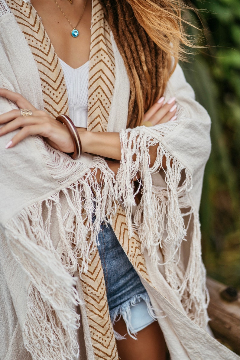 Bohemian Chic Kimono || Ethnic Print Kimono || Natural Material Kimono || One Size Kimono || Hemp Kimono in Off-White Beige