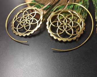 Seed Of Life Spiral Earrings || Sacred Geometry Ethnic Earrings || Spiritual Symbole Spiral Hoops || Golden Tribal Earrings