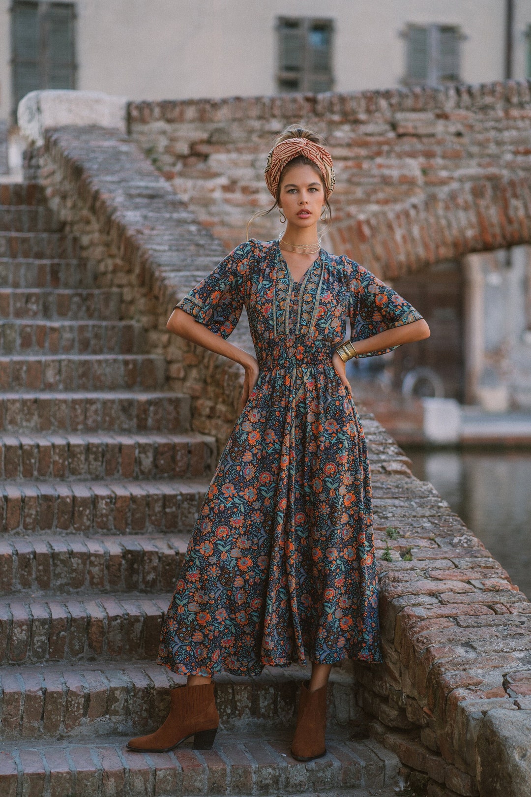 Floral Print Maxi Dress | Boho Butterfly Sleeve Buttoned Dress - Etsy Floral Print Maxi Dress | Boho Butterfly Sleeve Buttoned Dress - Etsy