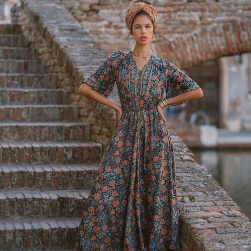 long sleeve bohemian maxi dress button up The Sorano Floral Button-Up Maxi Dress in Natural Multi S/M