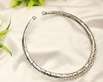 Silvered Brass Ethnic Chocker With Geometric Etched Patterns Inspired By Viking Torque || Hollow Tubular Rigid Tribal Necklace
