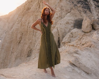 Ethnic Patterned Fringe Dress || Low Back Raw Cotton Dress || Green Vegetable Dye Backless Dress || Long Bohemian Dress