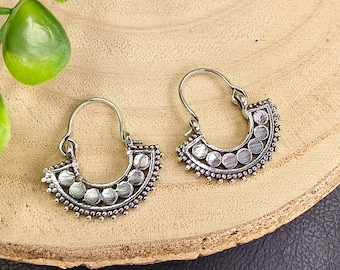 Minimalist Hoop Earrings In Shape of a Tiny Crescent || Silvered Brass Mini  Hoops || Small Earrings Decorated With Geometrical Patterns