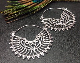 Sleek Hoops with Swirl Patterns || Bohemian Chic Silver Hoop Earrings || Ethnic Woman Creoles